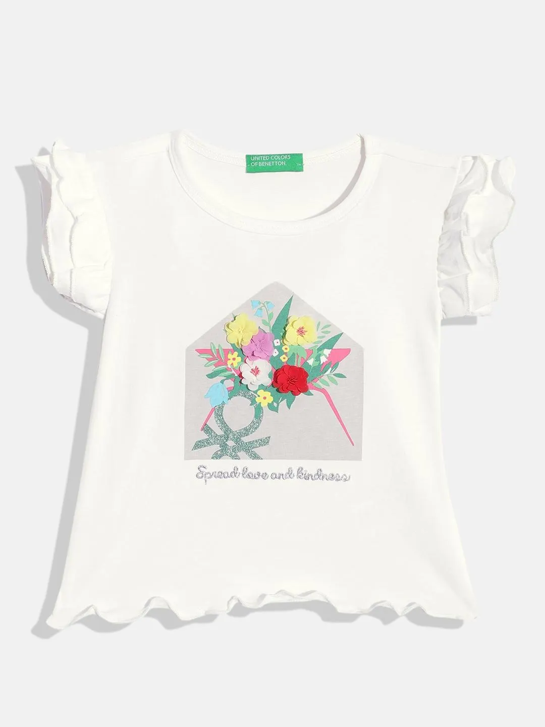 Girls Floral Print Flutter Sleeve Applique Detail Cotton Top