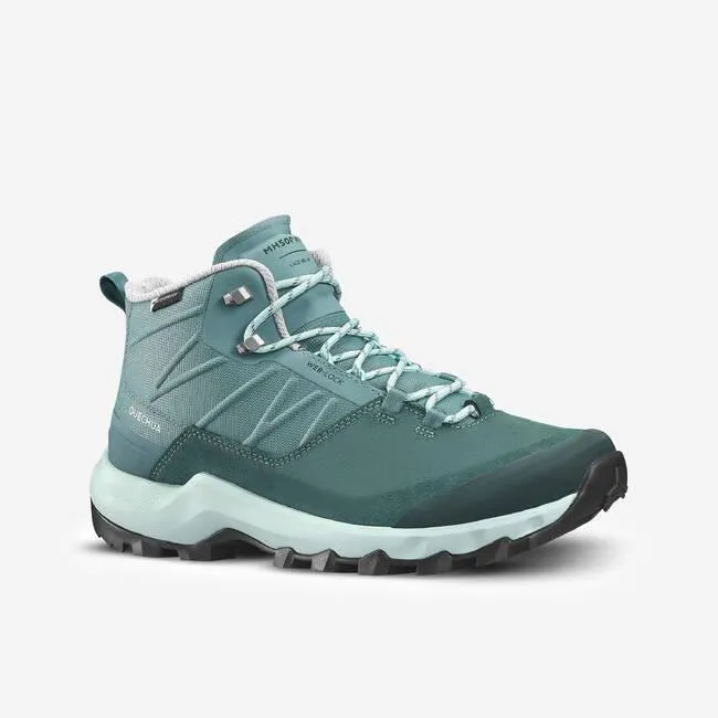 Women Waterproof Hiking Shoes Mid Ankle with Cushion Comfort Green - MH500