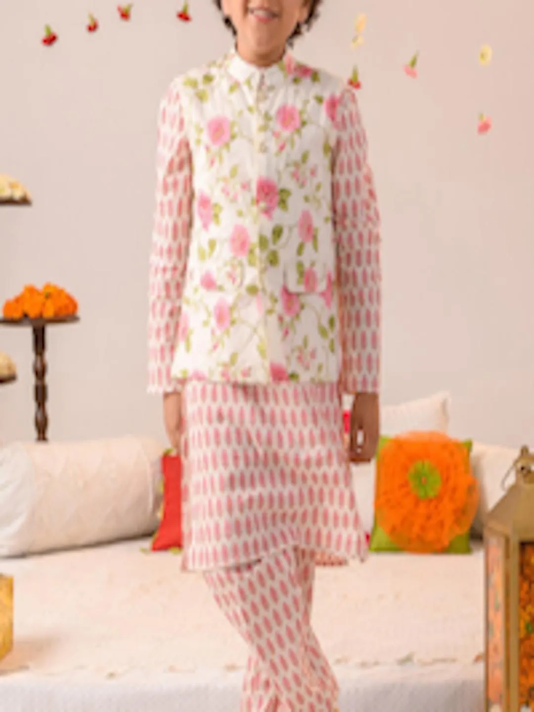 Boys Floral Printed Regular Pure Cotton Kurta With Pyjamas & Nehru Jacket