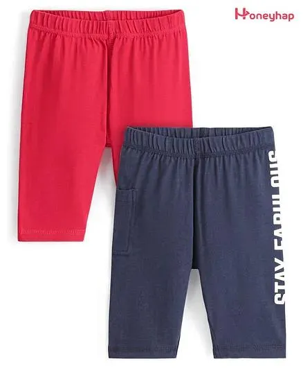 Honeyhap Premium Cotton Elastane Knee Length Text Printed Cycling Shorts with Bio Finish Pack of 2 - Red & Navy