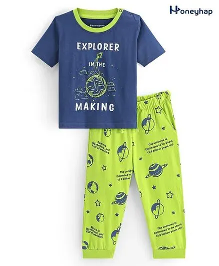 Honeyhap Premium 100% Cotton Single Jersey Half Sleeves Single Night Suit With Bio Finish Space Theme - Navy Peony & Tender Shoot Green