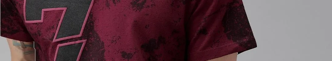Men Maroon Black Printed Round Neck Pure Cotton T-shirt