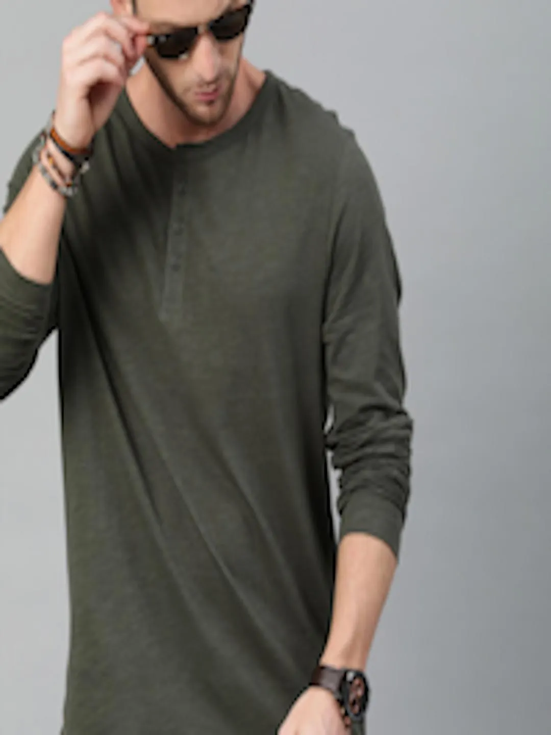 Men Olive Henley Neck Cotton Pure Cotton T-shirt