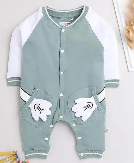BUMZEE Full Sleeves Hugging Hands Detail Sleep Suit Romper - Green