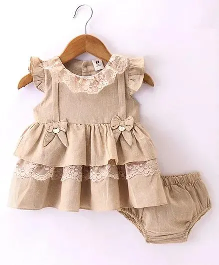 ToffyHouse 100% Woven Yarn Frill Sleeves Frock with Bloomer & Bow Applique - Beige