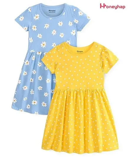 Honeyhap Premium 100% Cotton Jersey Tiered Frocks with Bio Finish Polka Dot and Floral Print Pack of 2 - Solar Power & Dutch Canal Blue