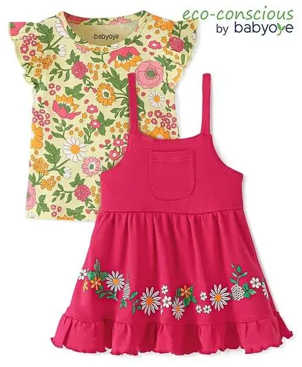 Babyoye Eco Conscious 100% Cotton with Eco Jiva Finish Floral Printed Singlet Frock with Frill Sleeves Inner Tee - Cream & Pink