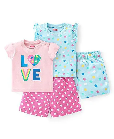 Babyhug Cotton Knit Single Jersey Half Sleeves Night Suits With Text & Dots Print Pack Of 2 - Pink & Blue