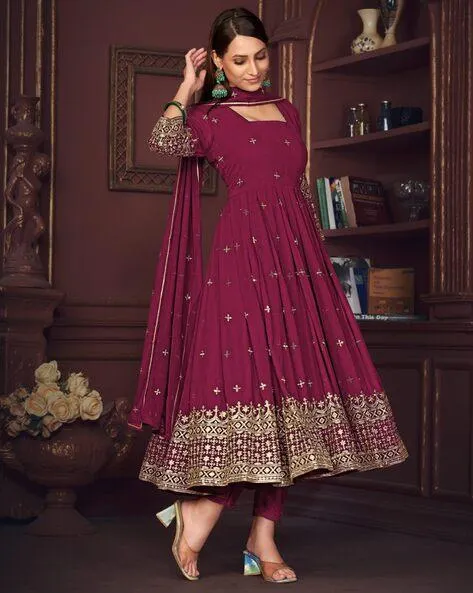 Women Embroidered 3-Piece Semi-Stitched Anarkali Dress Material