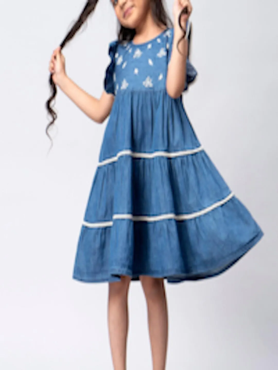 Girls Navy Blue & White Embroidered Flutter Sleeves Cotton A-Line Dress