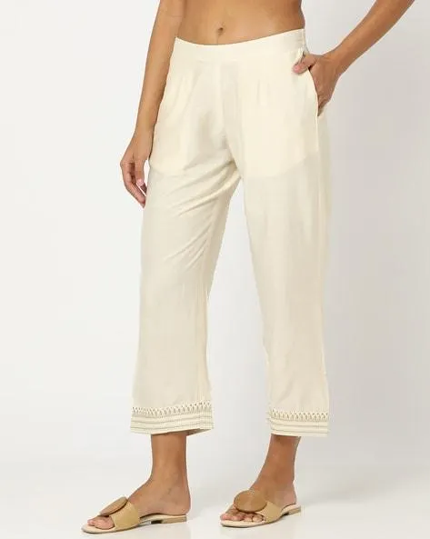 Straight Pants with Embroidered Hem
