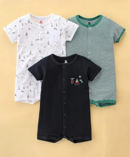 I Bears Cotton Knit Half Sleeves Rompers With Striped & Boat Print Pack of 3 - White Green & Black