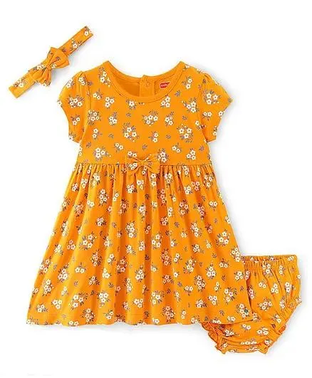Babyhug Cotton Knit Half Sleeves Floral Print Frock with Bloomer & Headband - Yellow