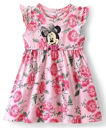 Babyhug Disney Cotton Jersey Knit Frill Sleeves Floral & Minnie Mouse Printed Frock - Peach