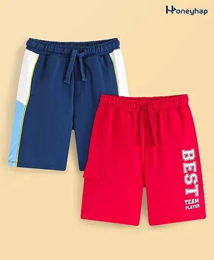 Honeyhap 100% Cotton Knee Length Bermuda With Bio Finish Pack of 2 - Red & Blue