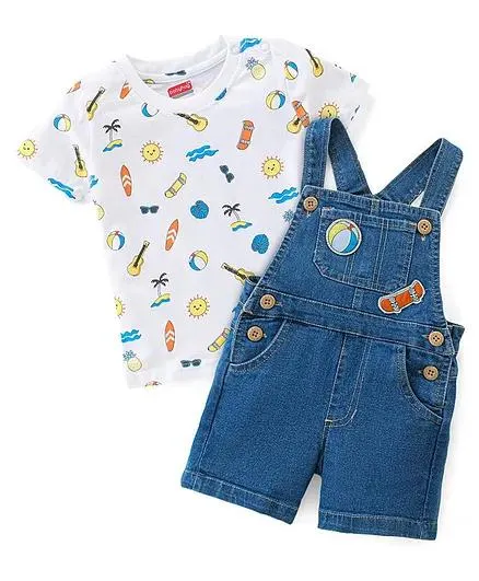 Babyhug Single Jersey Woven Dungaree & Half Sleeves T-Shirt Skate Print - White & Blue