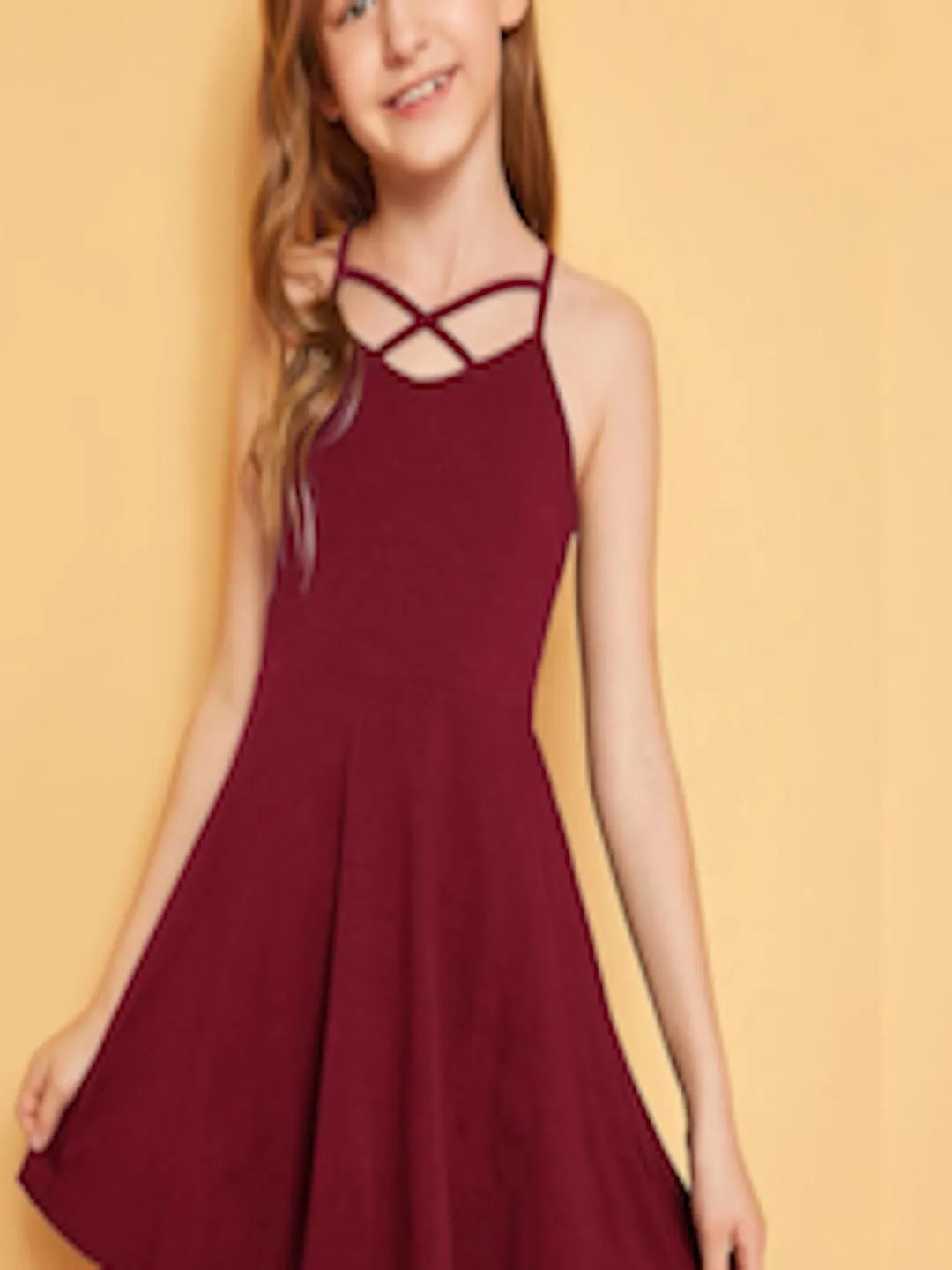 Girls Shoulder Straps Cotton Lycra Fit & Flare Mini Dress