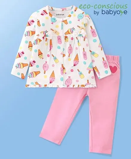 Babyoye Eco Conscious Cotton Knit Full Sleeves Night Suit Icecream Print -White & Pink