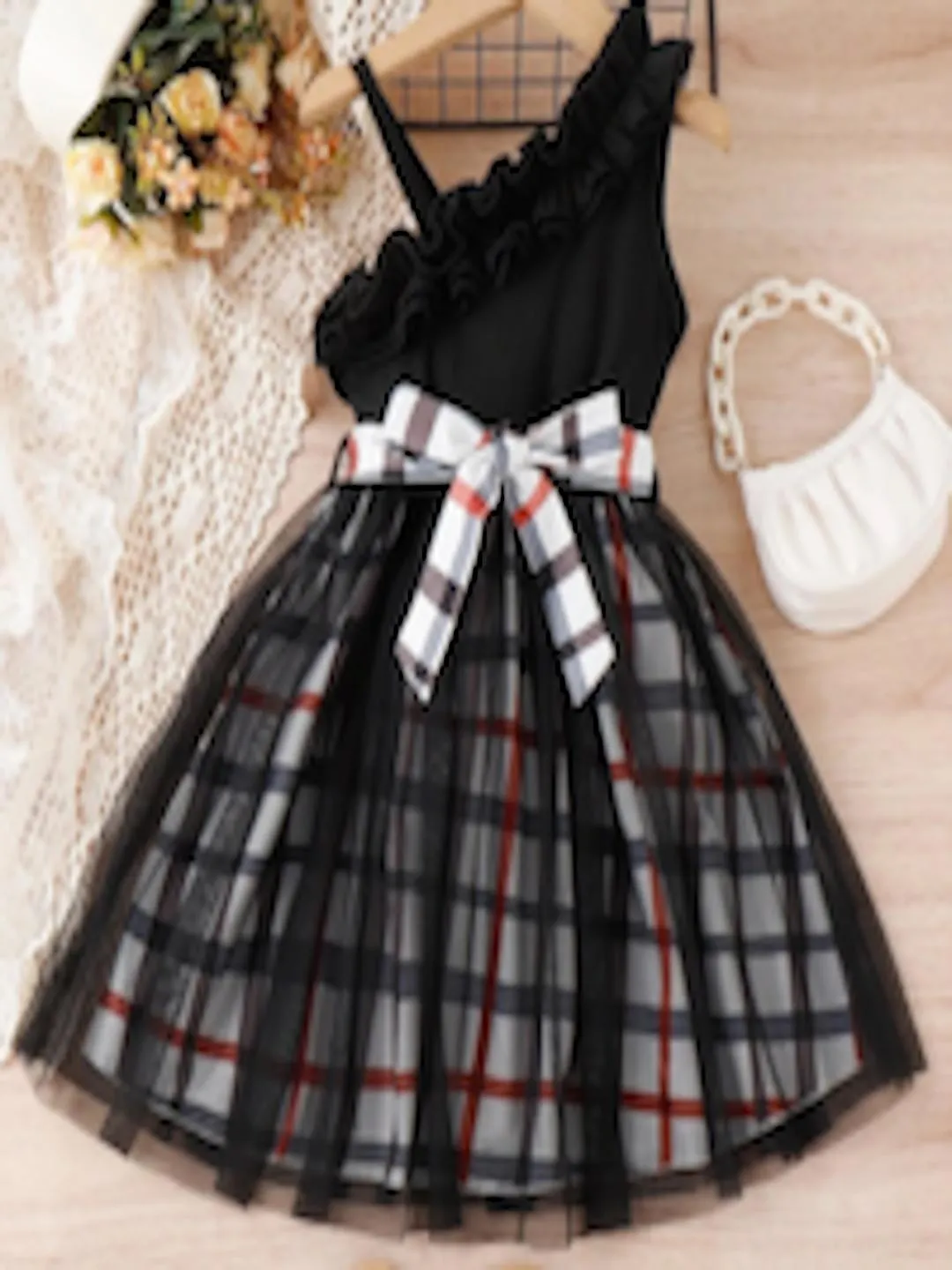 Girls Checked One Shoulder Net Fit & Flare Dress