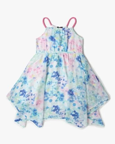 Girls Printed Fit & Flare Dress with Handkerchief Hem