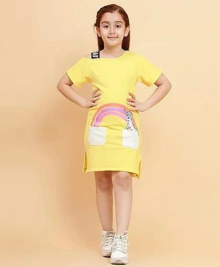 Little Marine Half Sleeves Rainbow Printed A Line Dress - Yellow