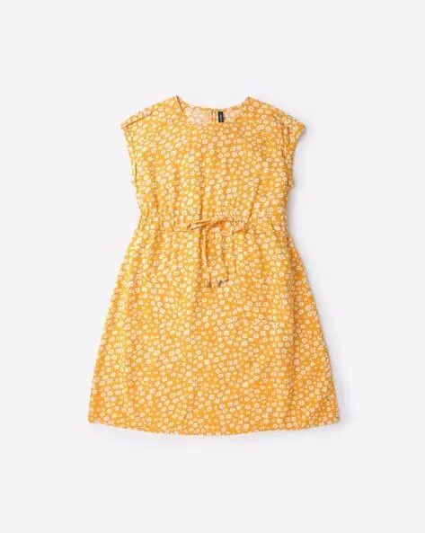 Floral Print A-Line Dress with Drawstring Waist