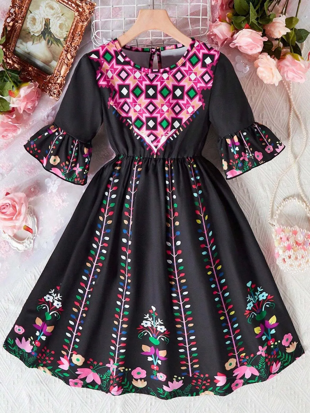 Girls Floral Printed Bell Sleeves Gathered Detailed Fit & Flare Dress