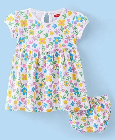 Babyhug Single Jersey Half Sleeves Frock with Bloomer & Bow Floral Print - White