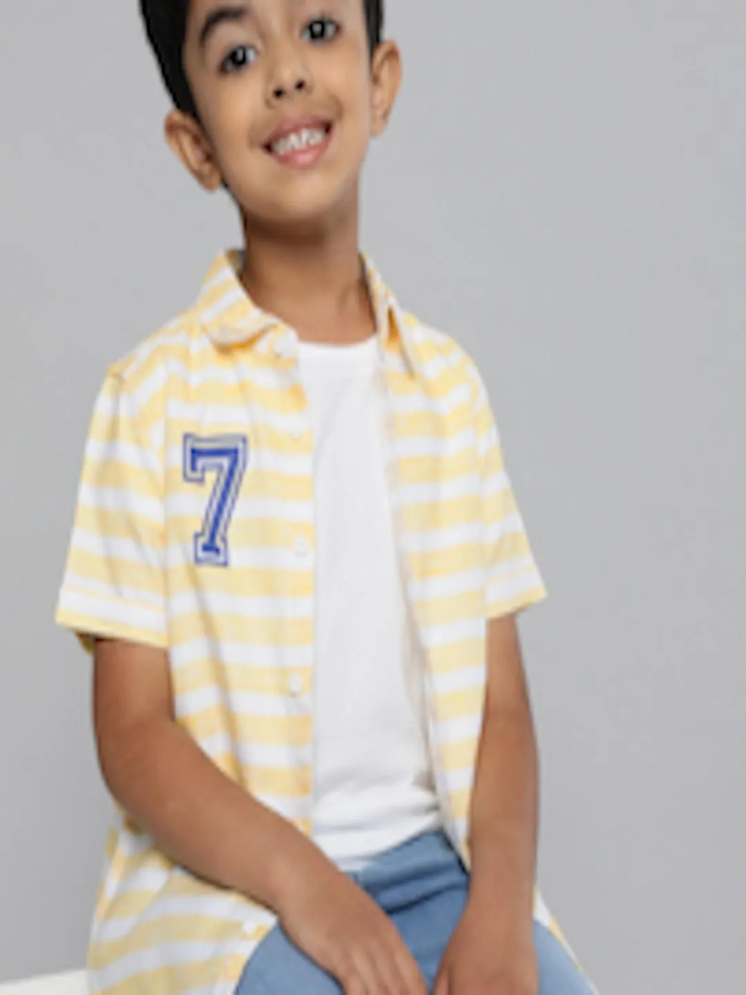 Boys Yellow Regular Fit Horizontal Stripes Opaque Pure Cotton Casual Shirt