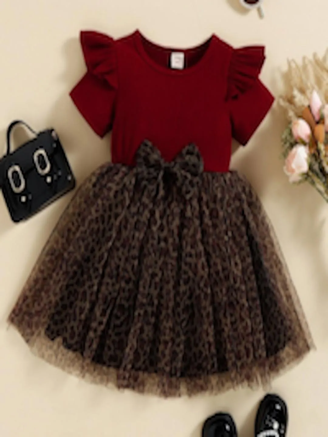 Girls Floral Puff Sleeves Net Fit & Flare Dress