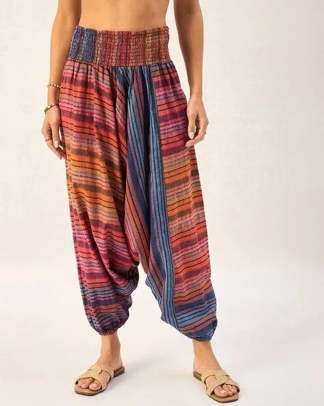 Women Striped Harem Pants with Elasticated Waistband