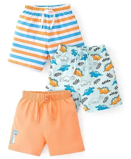 Babyhug Cotton Single Jersey Knit Shorts Stripes & Dino Print Pack Of 3 - Blue & Orange