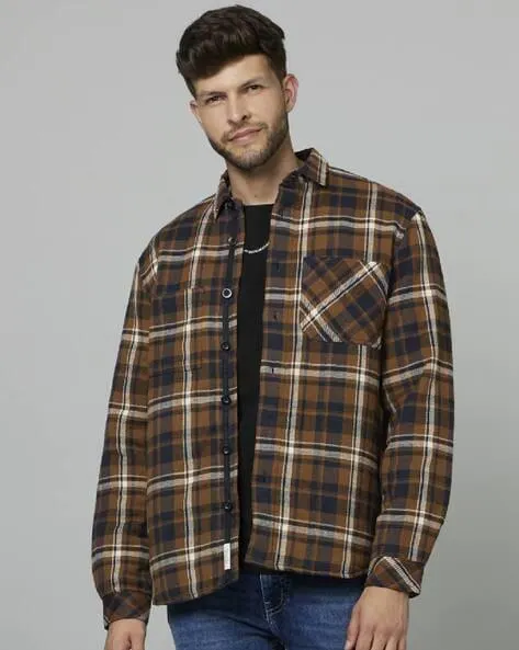 Checked Biker Jacket with Button Closure