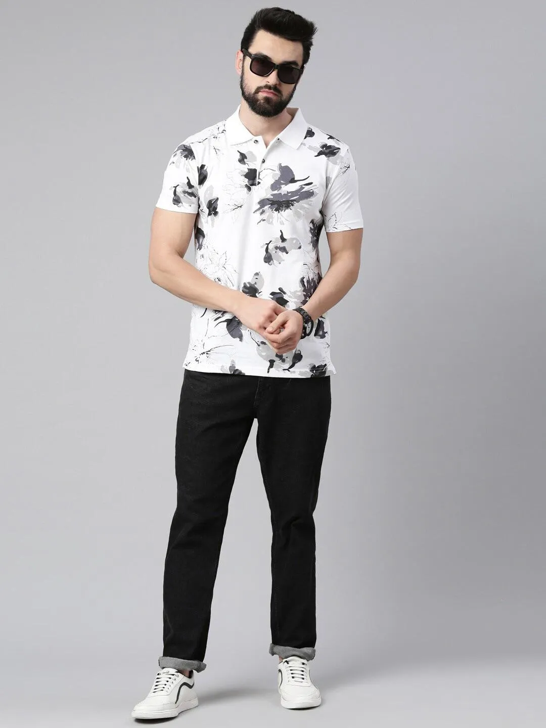 Men Printed Polo Collar Pure Cotton T-shirt