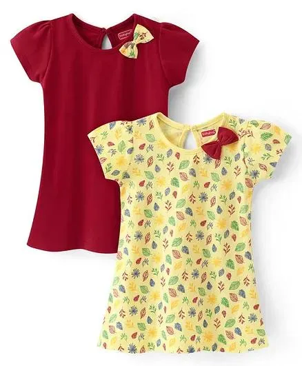 Babyhug 100% Cotton Single Jersey Knit Half Sleeves Frock With Bow Applique & Leaf Print Pack Of 2 - Yellow & Red