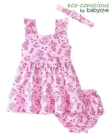 Babyoye Eco Conscious 100% Cotton with Eco Jiva Finish Sleeveless Floral Printed Frocks With Bloomer & Hairband - Pink