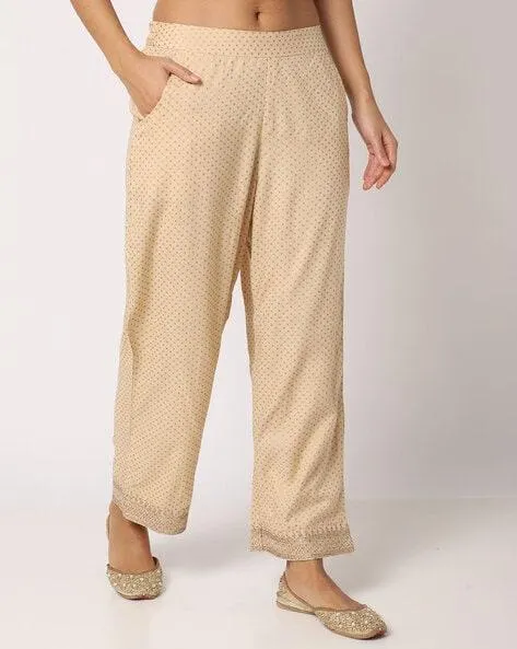 Printed Pants with Embroidered Hem