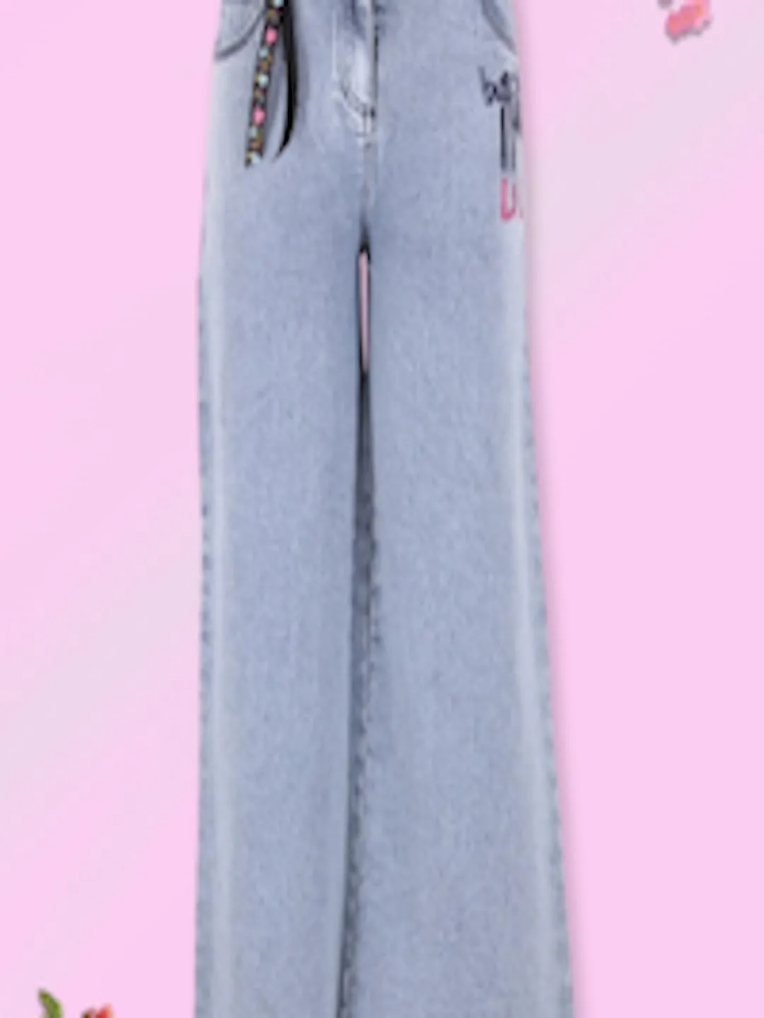 Girls Blue Low Distress Embroidered Stretchable Jeans