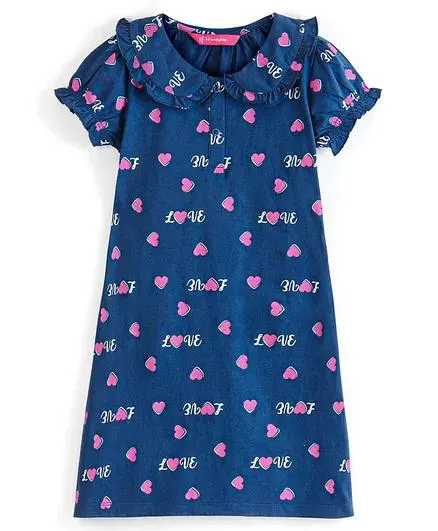 Honeyhap Premium 100% Cotton Single Jersey With Bio Finish Half Sleeves Nighty Heart Print - Navy Peony