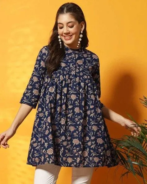 Women Floral Print No Darts Flared Tunic