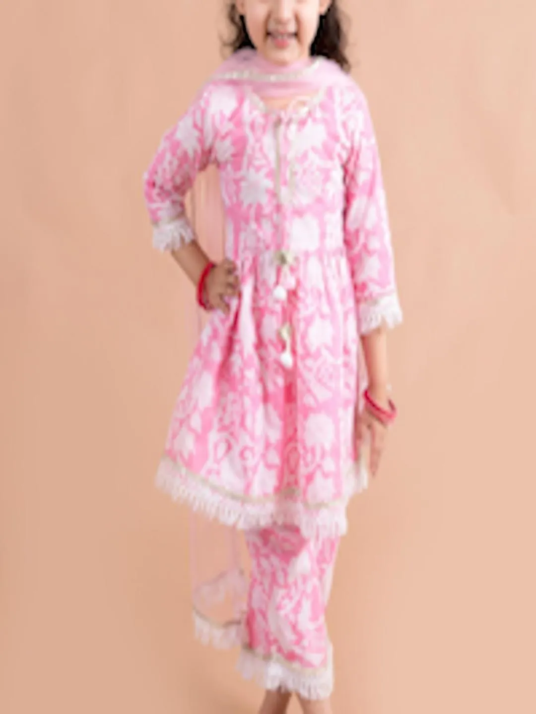 Girls Pink Floral Printed Pleated Pure Cotton Kurta with Trousers & With Dupatta