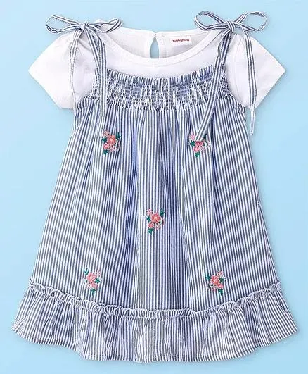Babyhug Single Jersey Knit Frocks with Half Sleeves Inner T-Shirt Striped & Floral Embroidery - Blue & White