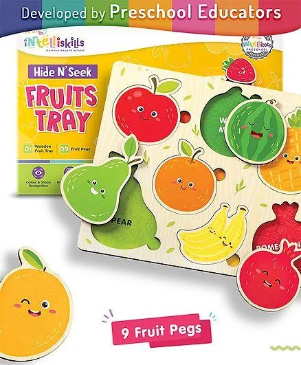 Intelliskills Wooden Hide N' Seek Fruits Puzzle|Shapes Matching Puzzle |Early Learning & Educational Board Puzzle - 9 Pieces