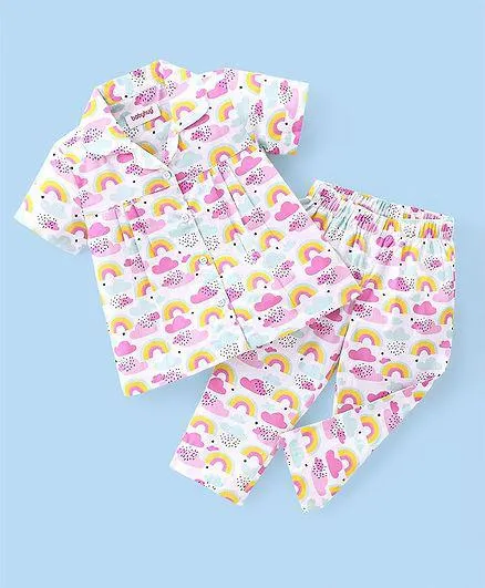 Babyhug Poplin Woven Half Sleeves Night Suit Rainbow Print - White