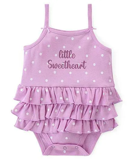 Babyhug 100% Cotton Knit Sleeveless Frock Style Onesie Text & Polka Dots Print - Lilac