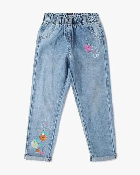 Mid-Wash Relaxed Fit Jeans with Embroidery