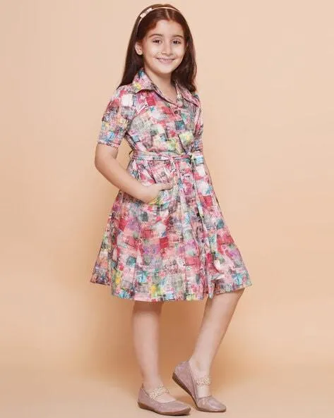 Girls Printed Shirt Dress with Insert Pocket