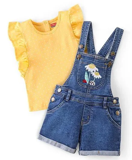 Babyhug 100% Cotton Woven Single Jersey Dungaree & Half Sleeves T-Shirt Set Floral Embroidery - Yellow & Blue