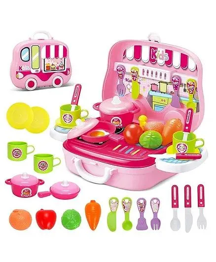 Zyamalox Portable Pink Kitchen Play Set: Plastic Pretend Food Toy for Boys and Girls, Ideal for Party Role Play