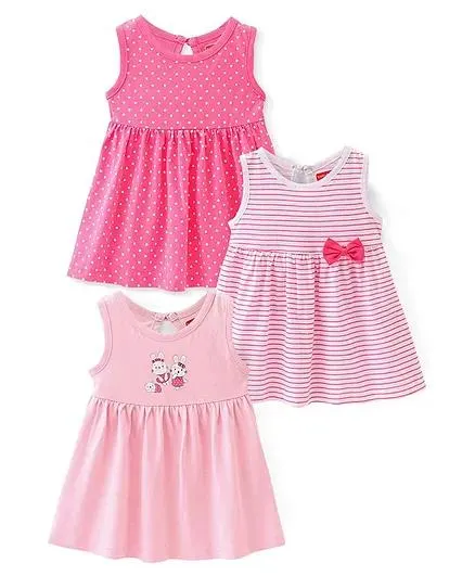 Babyhug 100% Cotton Sleeveless Fit and Flare Dress Bunny Print Pack of 3 - Pink